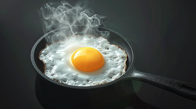 Foto um delicioso ovo frito a escaldar numa panela quente o ovo é castanho-dourado e o branco é fofo a panela é preta e tem uma mão longa