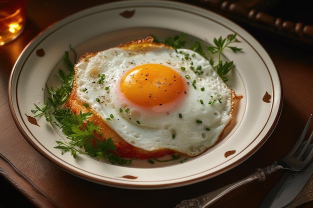 Um delicioso pequeno-almoço com ovos fritos e pão torrado num prato sobre uma mesa de madeira.