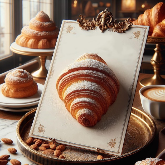 Foto um delicioso pequeno-almoço continental com croissants frescos.