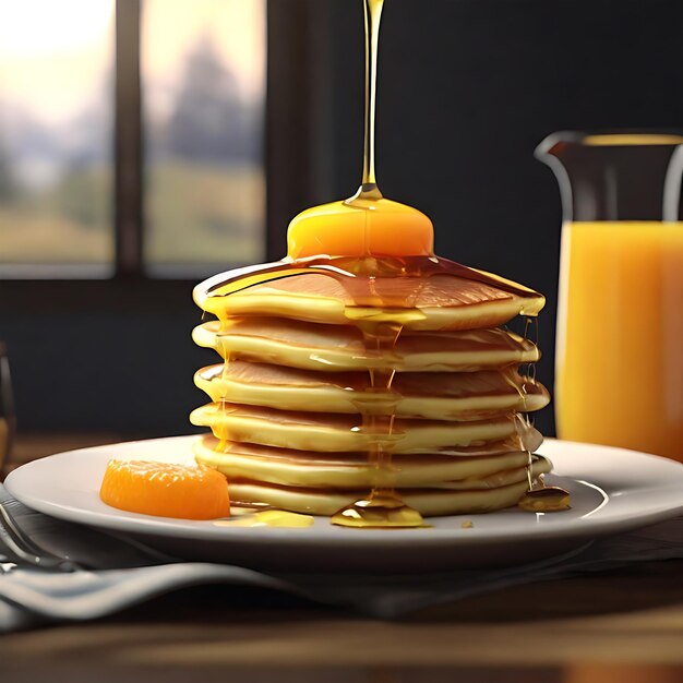 Um delicioso pequeno-almoço de panquecas fofinhas empilhadas em um prato