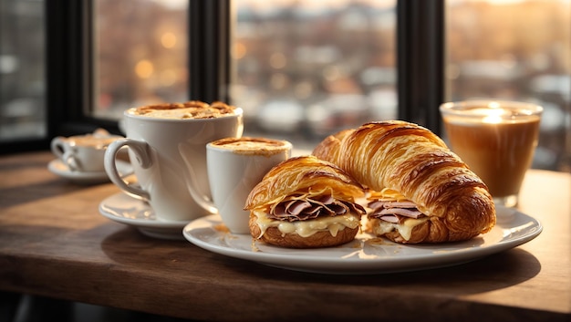 Foto um delicioso pequeno-almoço francês de croissant recheado com presunto e uma chávena de cappuccino