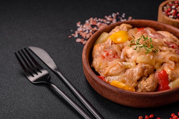 Um delicioso prato composto por fatias de frango, pimentão e cebola com sal e especiarias sobre um fundo escuro de concreto