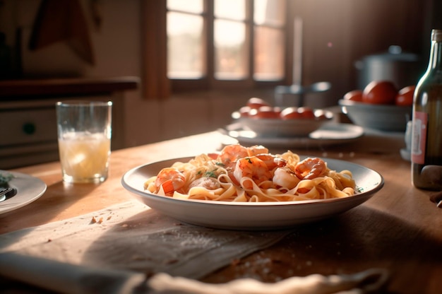 Um delicioso prato de camarão com massa de fettuccine em uma mesa de cozinha gerada por IA