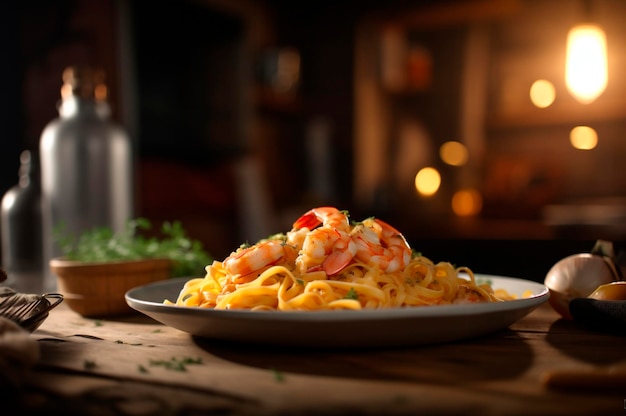 Um delicioso prato de camarão com massa de fettuccine em uma mesa de cozinha gerada por IA