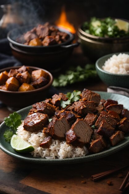 Um delicioso prato de carne e arroz.