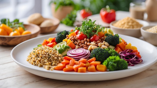 um delicioso prato de comida vegetariana em uma mesa de madeira branca em um restaurante exibindo uma variedade vibrante