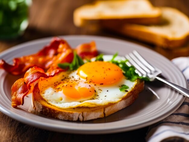 Um delicioso prato de pequeno-almoço com ovos bacon e torrada em uma mesa um prato de ovos Bacon e toast em uma mesa