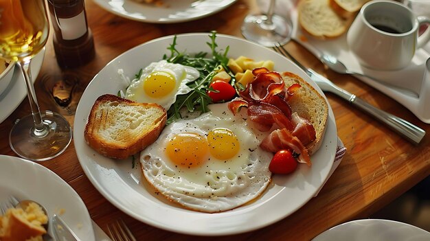 Foto um delicioso prato de pequeno-almoço com ovos, bacon, torradas, tomates e salada.