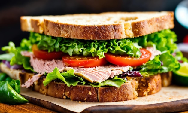 Foto um delicioso sanduíche com salada de atum e tomates.