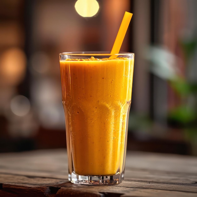 Um delicioso smoothie de laranja na mesa.