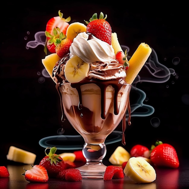 Um delicioso sundae com diferentes sabores morangos bananas e molho de chocolate