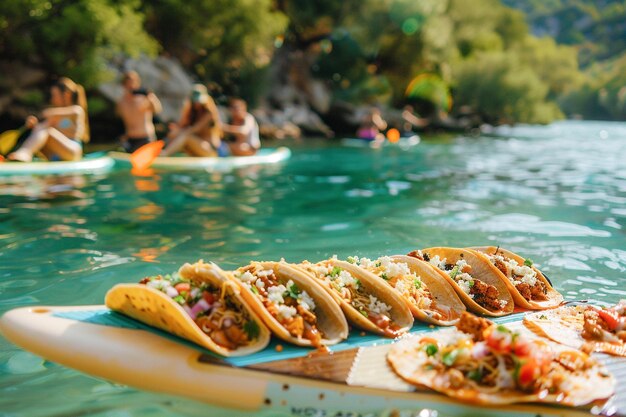 Um delicioso taco espalhado em uma tábua de SUP de remo mexicano para almoço ao ar livre na praia