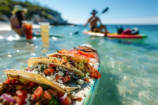 Um delicioso taco espalhado em uma tábua de SUP de remo mexicano para almoço ao ar livre na praia