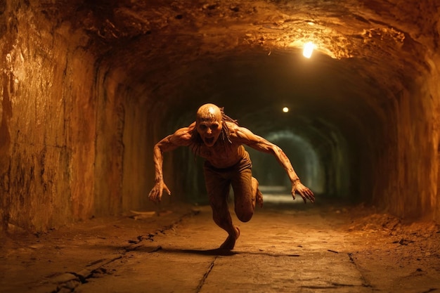Um demônio assustador persegue um observador através de um túnel em um filme de terror