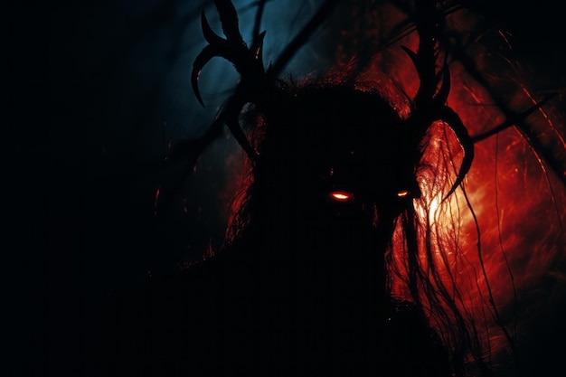 um demônio com chifres e olhos vermelhos no escuro