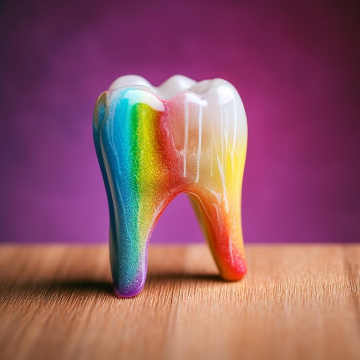 Foto um dente com um dente da cor do arco-íris em uma mesa de madeira.