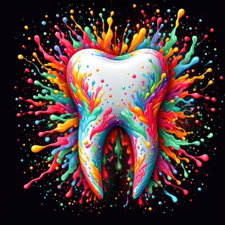 Foto um dente de cor arco-íris é pintado com cores coloridas e a metade inferior dele
