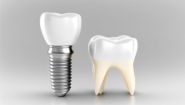 Um dente e um implante dentário estão ao lado de um dente.