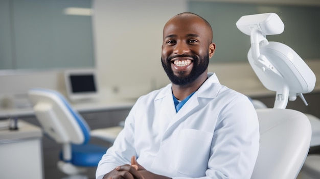 Foto um dentista alegre vestindo uma bata de laboratório em uma clínica dentária com uma cadeira dentária e equipamentos ao fundo