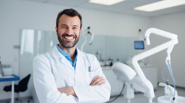 Um dentista alegre vestindo uma bata de laboratório em uma clínica dentária com uma cadeira dentária e equipamentos ao fundo