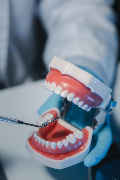 Foto um dentista está usando equipamentos dentários especializados para inspecionar dentaduras para estudar a anatomia dos dentes antes de usar o conhecimento para tratar pacientes dentaduras estão sendo estudadas por especialistas orais