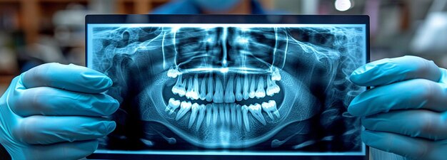 Foto um dentista examina um raio-x de seus dentes