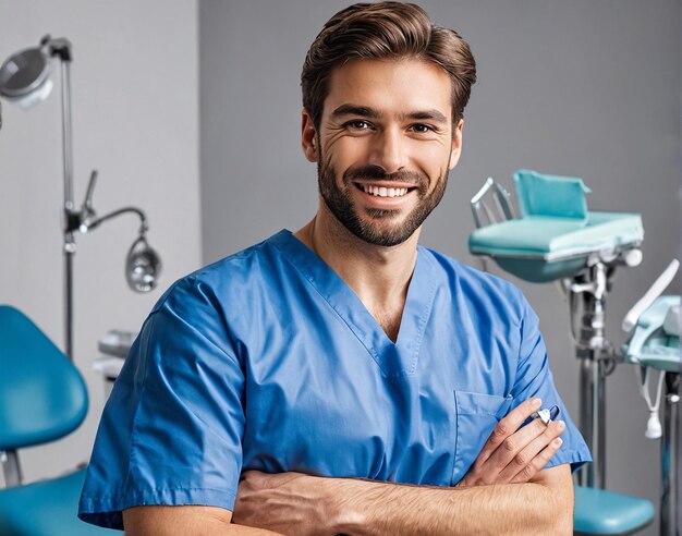 Foto um dentista masculino sorridente de pé na frente de uma cadeira dental