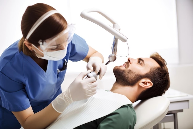 Um dentista realizando um check-up em seu paciente criado com IA generativa