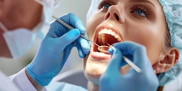 Um dentista realizando uma limpeza dentária em um paciente