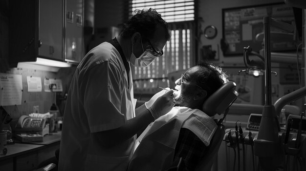 um dentista se envolve em uma consulta com um paciente sua interação cheia de profissionalismo e