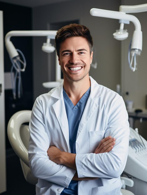 Foto um dentista sorridente na sua clínica, um jovem dentista confiante a trabalhar no seu escritório.