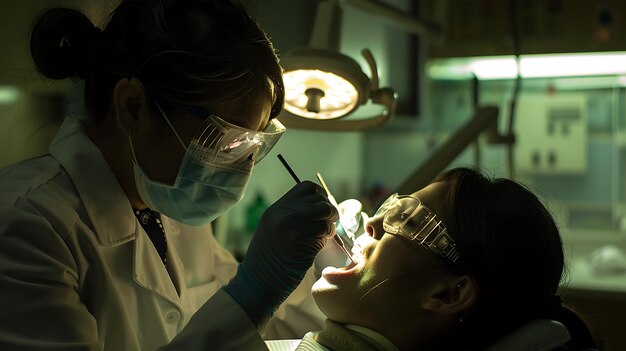 Um dentista usando uma máscara e luvas examina os dentes de um paciente com um espelho dental e um explorador O paciente está usando óculos de segurança