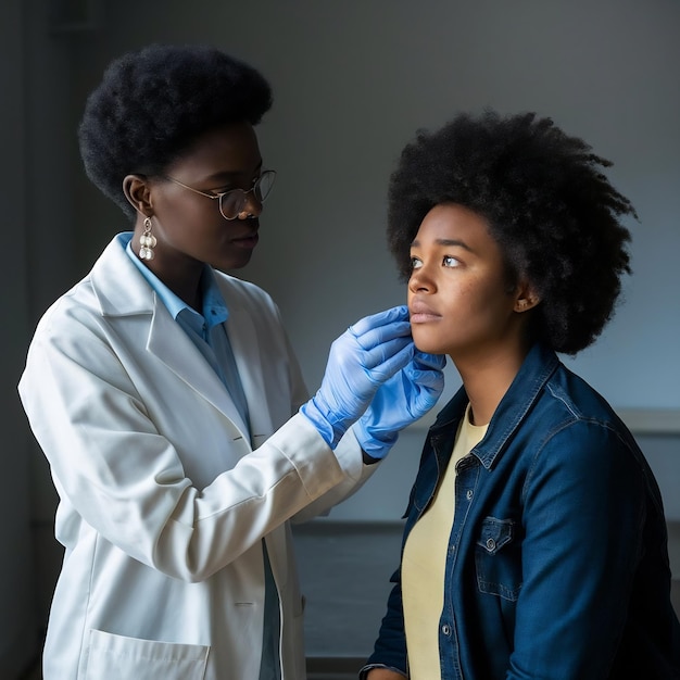 Foto um dermatologista usando luvas examina a pele de um paciente doente exame e diagnóstico de esqui