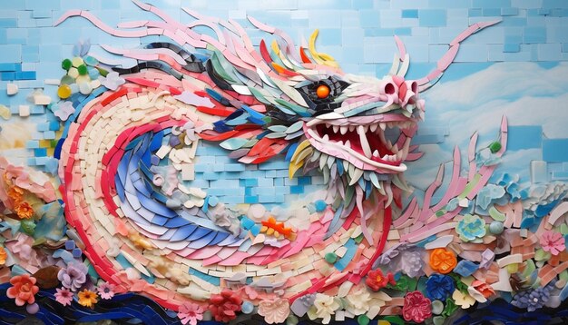 Um desenho 3D com um dragão chinês feito de azulejos de mosaico coloridos