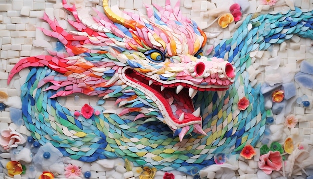 Um desenho 3D com um dragão chinês feito de azulejos de mosaico coloridos