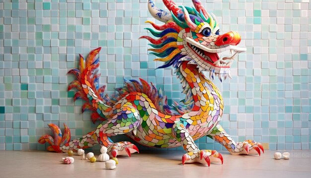 Um desenho 3D com um dragão chinês feito de azulejos de mosaico coloridos