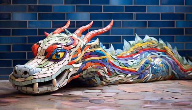Foto um desenho 3d com um dragão chinês feito de azulejos de mosaico coloridos