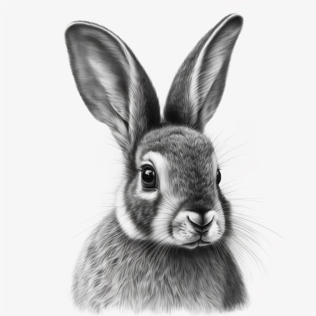 Um desenho a lápis de um coelho em preto e branco.