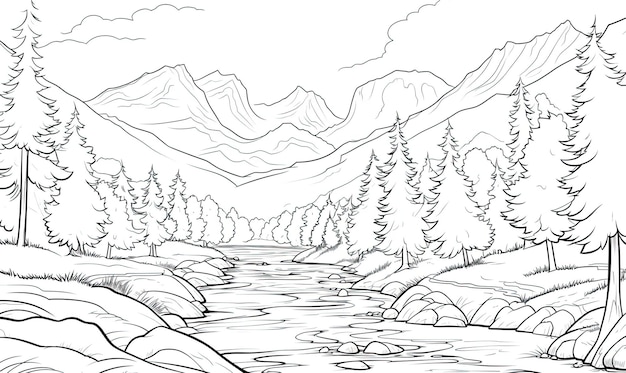 Um desenho a lápis de uma paisagem serena de um majestoso rio e de uma cordilheira deslumbrante