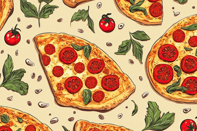 Um desenho à mão de um padrão sem costura de pizza