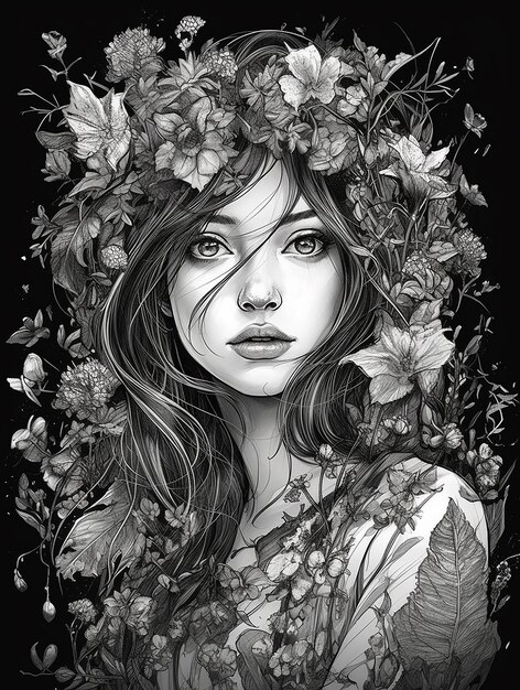 Um desenho a tinta preta de uma jovem com flores no cabelo