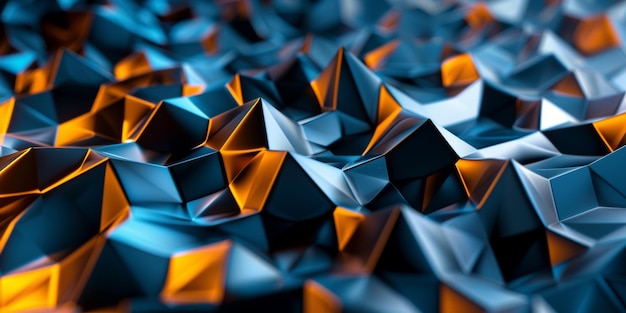 Um desenho abstrato azul e laranja com muitos triângulos