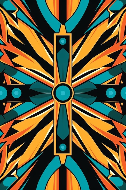 Um desenho abstrato com cores laranja, azul e preto