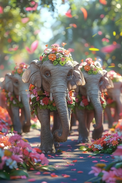 Foto um desenho animado 3d de elefantes tailandeses marchando em um desfile de conservação com flores