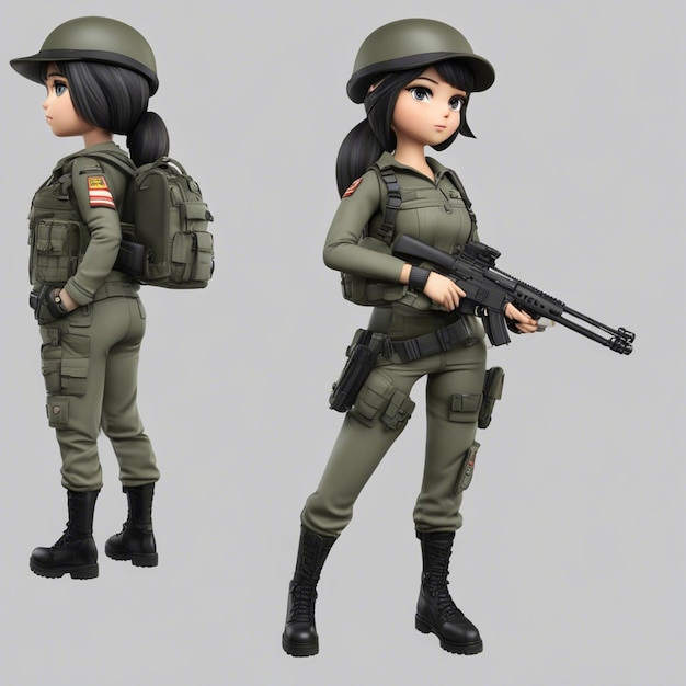 Foto um desenho animado chibi tyle3d garota do exército brasileiro com jaqueta de arma e usando uma mochila