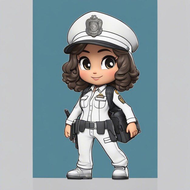 Foto um desenho animado chibi tyle3duma garota policial brasileira com jaqueta de arma e usando uma mochila