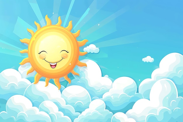 Um desenho animado com sol sorridente e nuvens no fundo azul das crianças