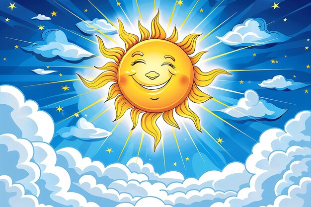 Um desenho animado com sol sorridente e nuvens no fundo azul das crianças