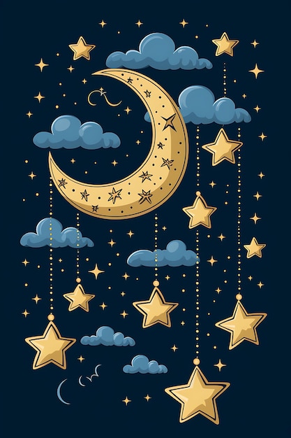 Um desenho animado com uma lua e uma estrela no céu