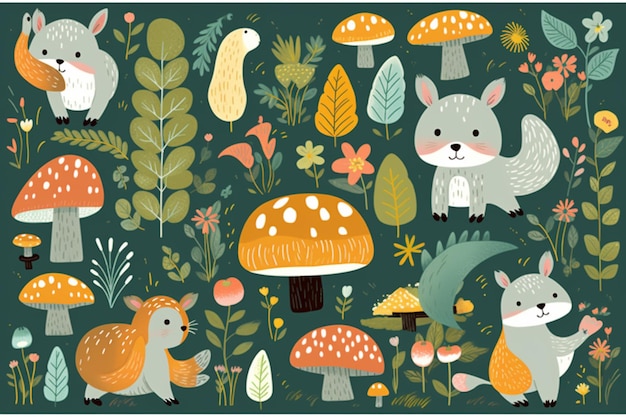 Um desenho animado de animais e cogumelos com um urso e um veado.